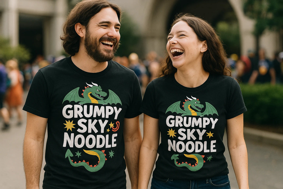Person wearing the black shirts with dragons on them graphic tee - "Grumpy Sky Noodle" design