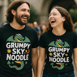 Person wearing the black shirts with dragons on them graphic tee - "Grumpy Sky Noodle" design