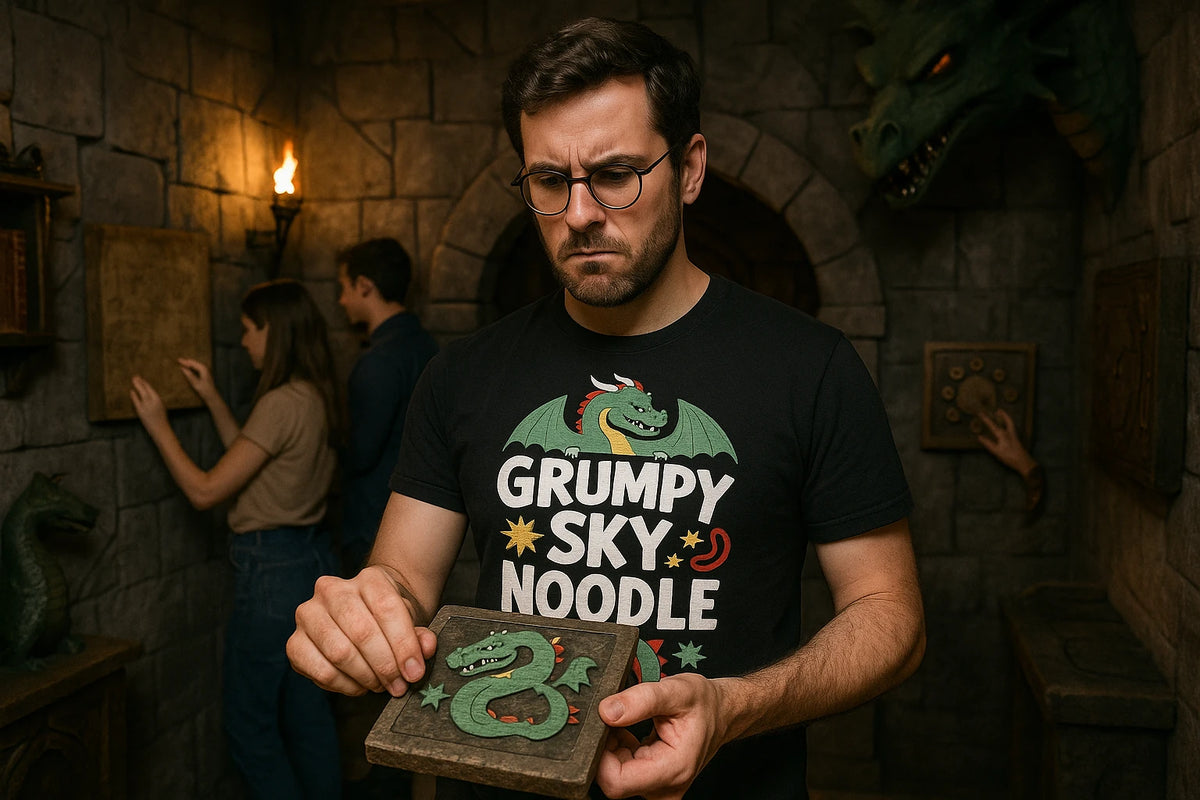Lifestyle shot of the "Grumpy Sky Noodle" black shirts with dragons on them in a real-world setting