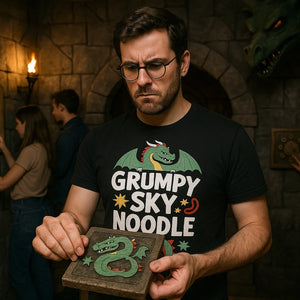 Lifestyle shot of the "Grumpy Sky Noodle" black shirts with dragons on them in a real-world setting