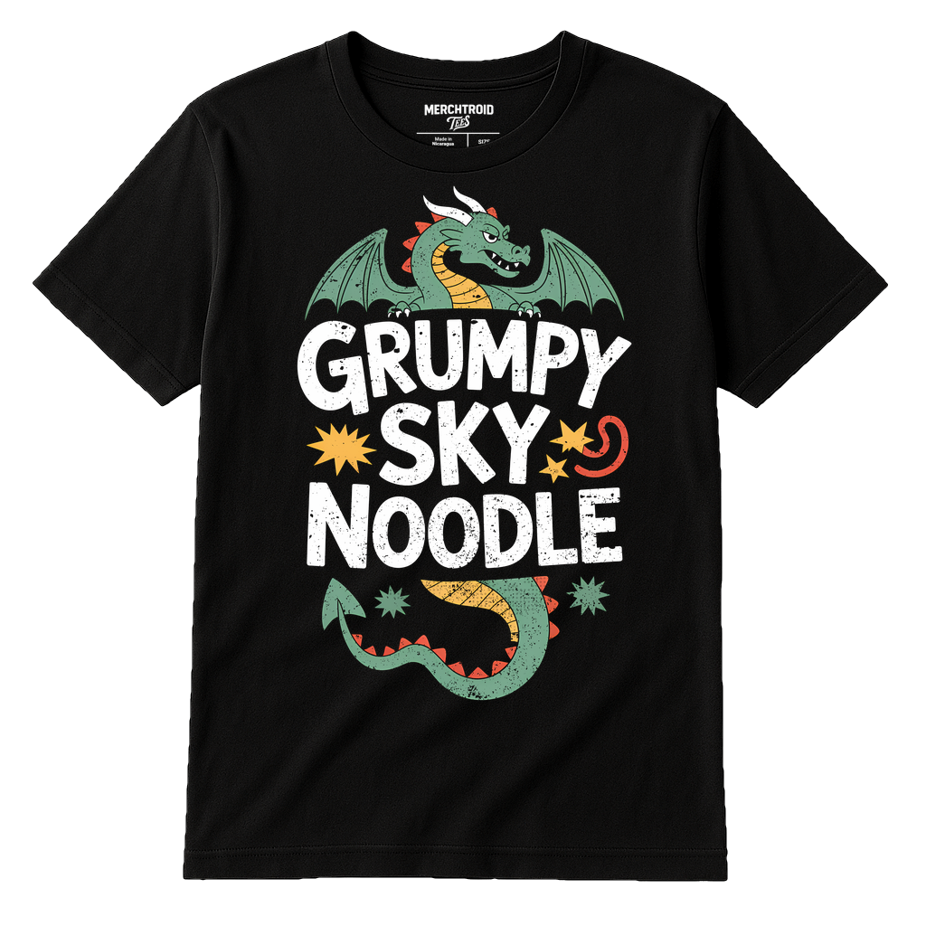 Black Shirts With Dragons On Them - "Grumpy Sky Noodle" graphic tee with white print, flat lay product photo