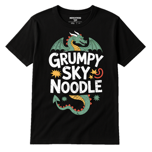 Black Shirts With Dragons On Them - "Grumpy Sky Noodle" graphic tee with white print, flat lay product photo