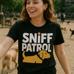 "Sniff Patrol" black walking the dog t shirt - a birthday gift for walking the dog lover