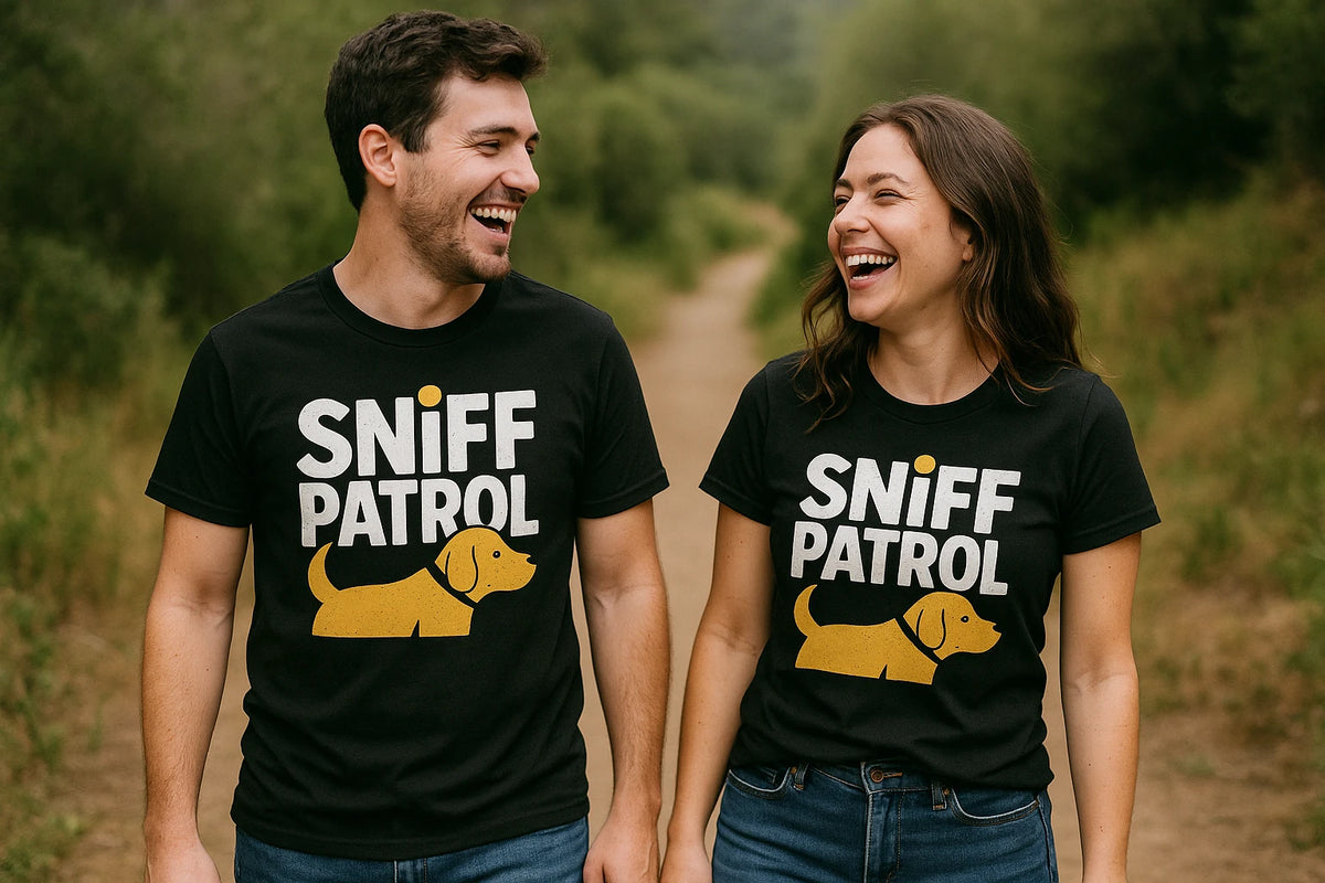 Person wearing the black walking the dog t shirt graphic tee - "Sniff Patrol" design