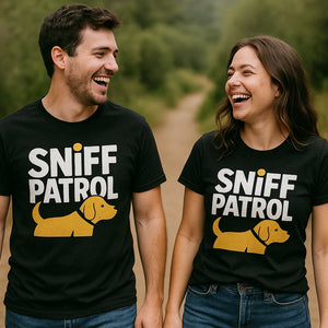 Person wearing the black walking the dog t shirt graphic tee - "Sniff Patrol" design