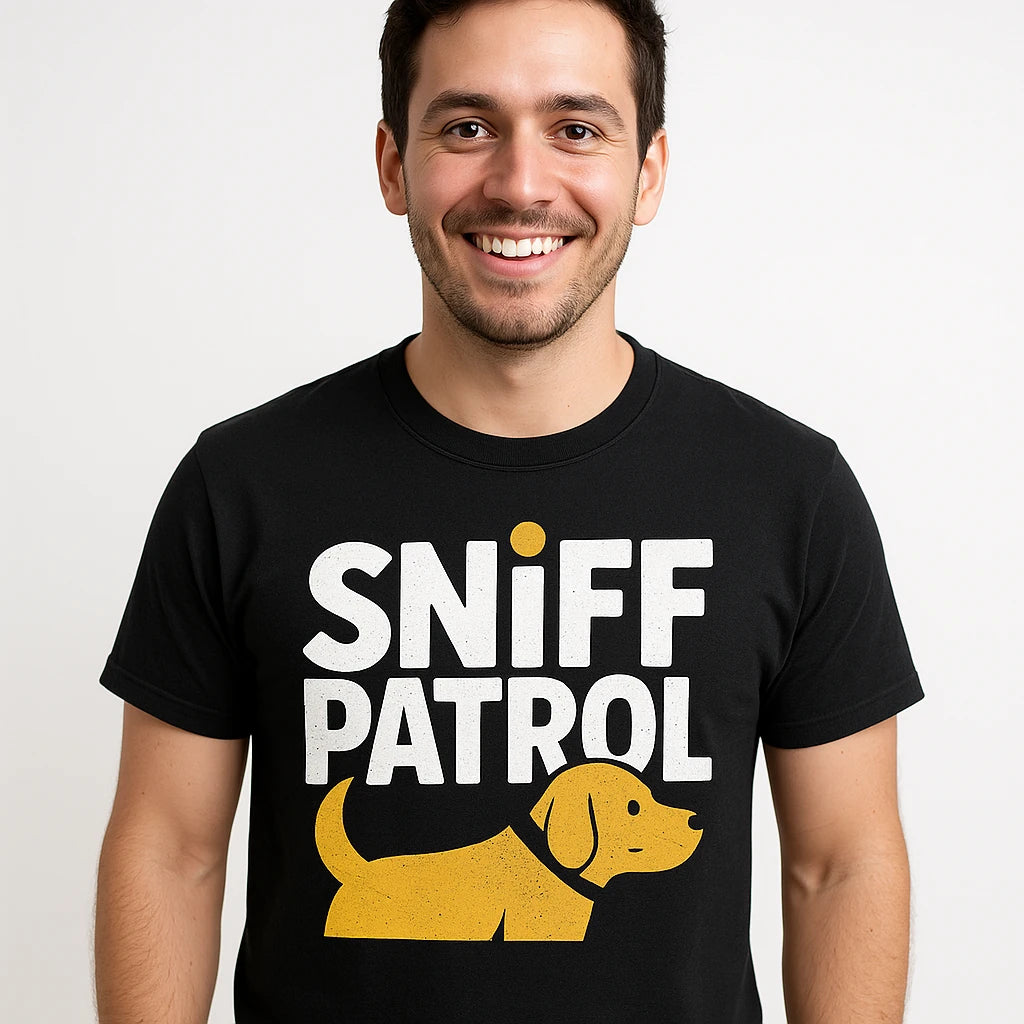 Close-up of the "Sniff Patrol" white print on a premium Bella+Canvas black walking the dog t shirt