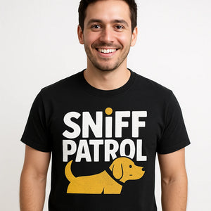 Close-up of the "Sniff Patrol" white print on a premium Bella+Canvas black walking the dog t shirt