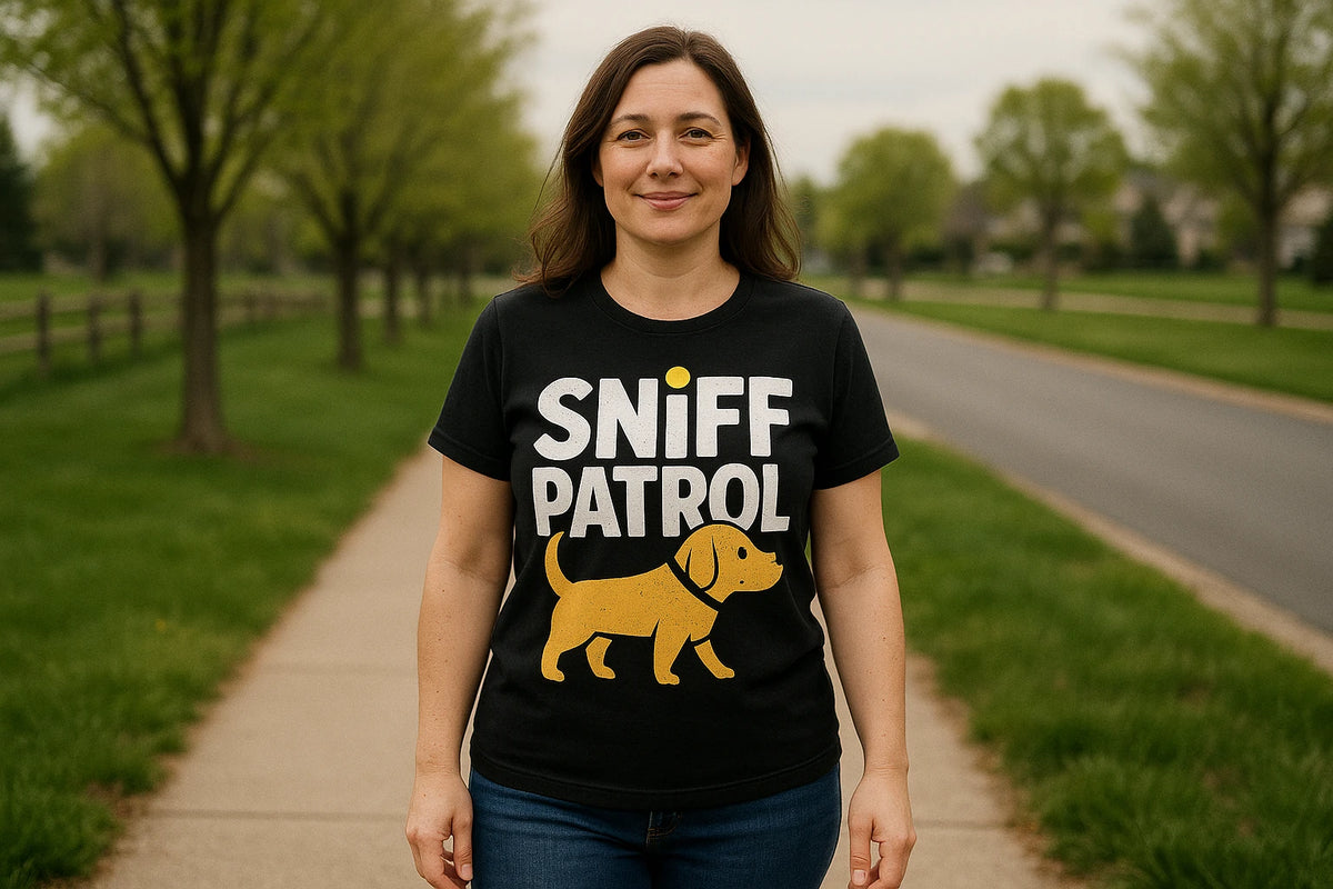 Lifestyle shot of the "Sniff Patrol" black walking the dog t shirt in a real-world setting
