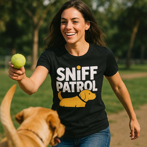 "Sniff Patrol" black walking the dog t shirt, photographed as walking the dog lover gift
