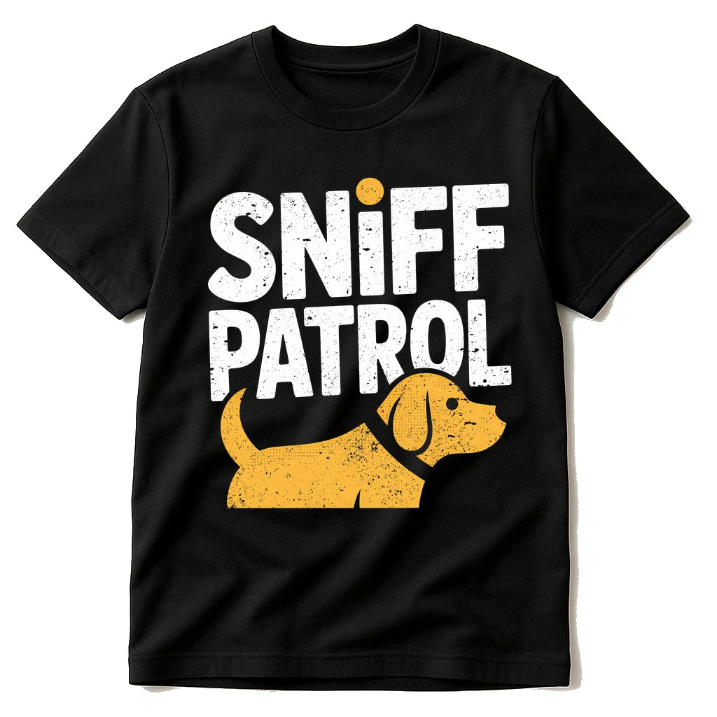 Black Walking The Dog T Shirt - "Sniff Patrol" graphic tee with white print, flat lay product photo