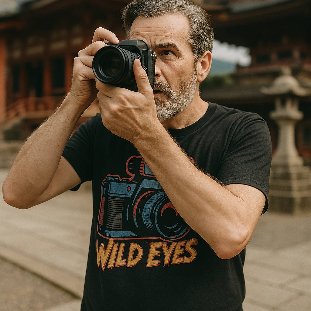 A person with a beard is holding a camera up to their face, as if taking a picture. They are wearing a black T-shirt with a colorful graphic of a camera and the words "Wild Eyes" printed on it. The background features a blurred view of what appears to be traditional architecture.