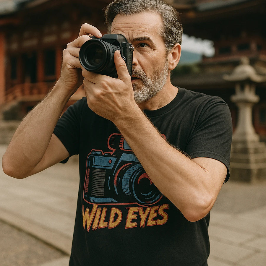 A person with a beard is holding a camera up to their face, as if taking a picture. They are wearing a black T-shirt with a colorful graphic of a camera and the words "Wild Eyes" printed on it. The background features a blurred view of what appears to be traditional architecture.