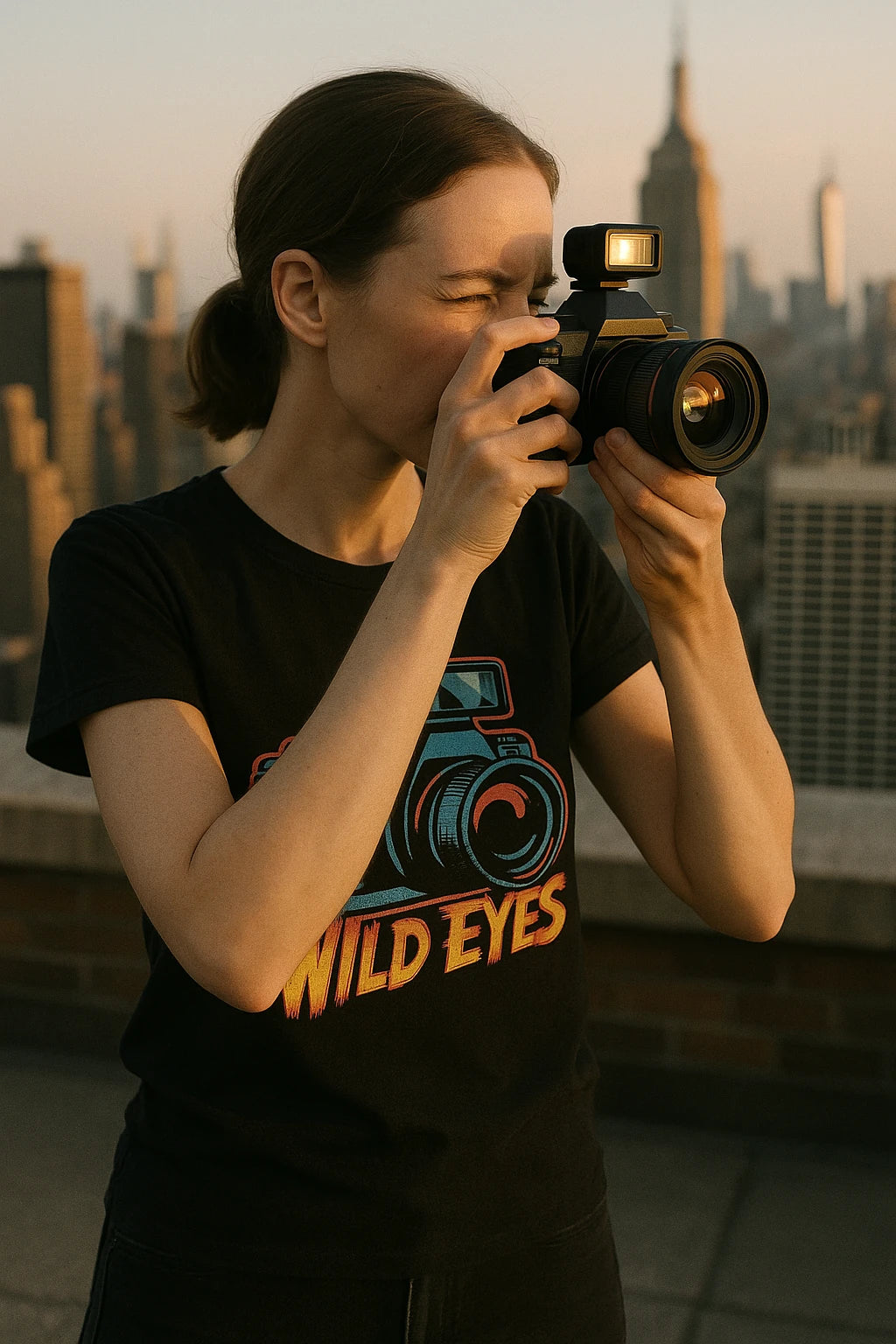 A person with light skin wearing a black t-shirt with a colorful camera graphic and "WILD EYES" text, is taking a photo with a professional camera on a rooftop. They have short, dark hair pulled back and are standing against a cityscape backdrop during sunset.
