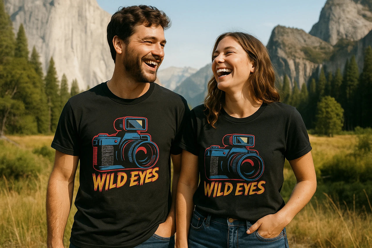 A man and woman are standing and laughing together in a scenic outdoor setting with mountains and trees in the background. Both are wearing black t-shirts with a colorful camera graphic and the words "WILD EYES." The man has short dark hair and a beard, and the woman has long wavy hair. They appear to be enjoying the nature around them.