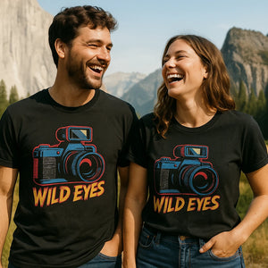 Person wearing the black photographers shirts graphic tee - "Wild Eyes" design