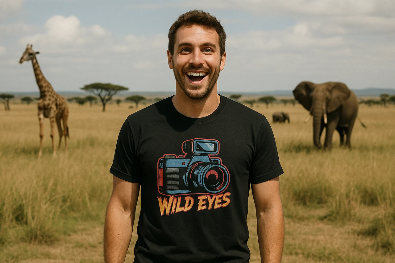 A man is standing in a grassy savanna, smiling widely. He is wearing a black t-shirt with an illustration of a camera and the words "WILD EYES." In the background, a giraffe and an elephant are visible, with an open landscape of trees and grass stretching into the distance under a partly cloudy sky.