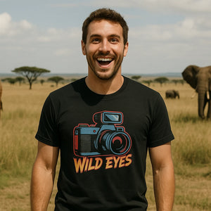 Lifestyle shot of the "Wild Eyes" black photographers shirts in a real-world setting
