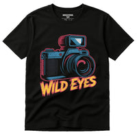 A black t-shirt featuring a colorful graphic of a vintage camera with the text 