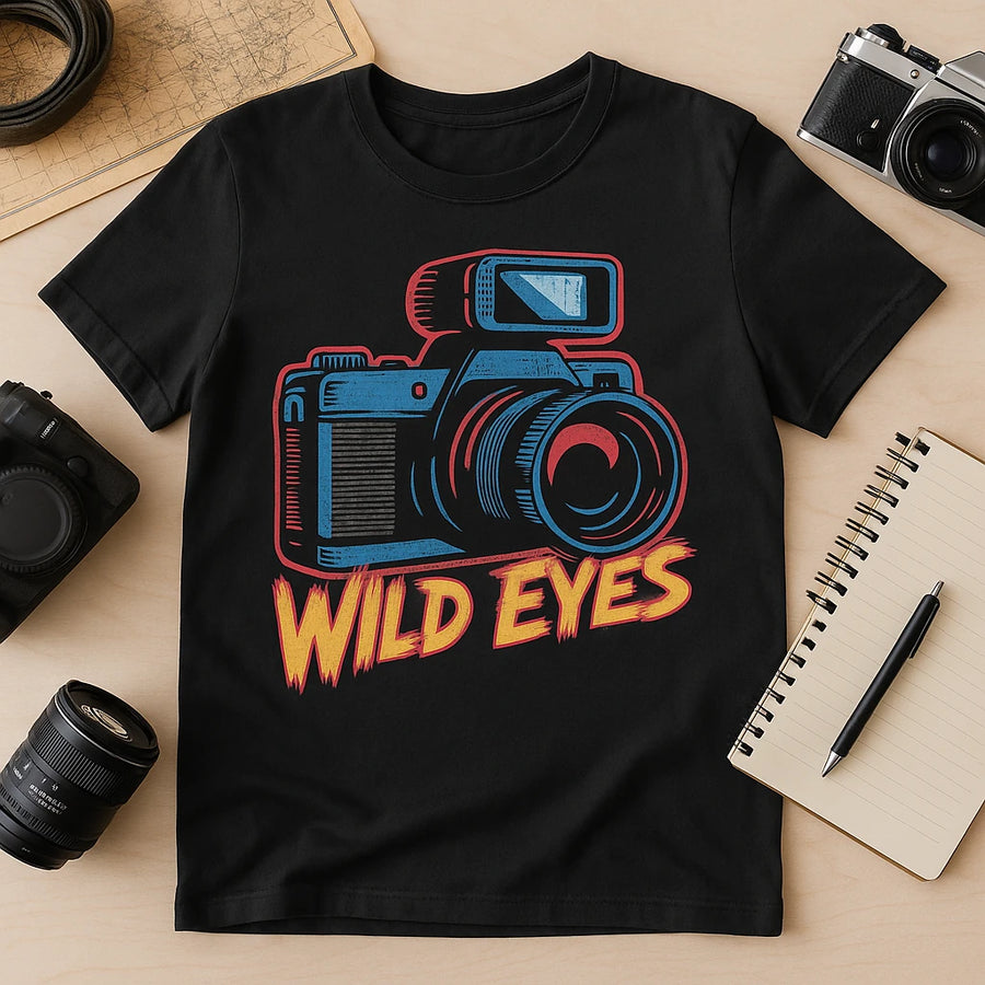 A black t-shirt featuring a colorful graphic of a camera with bold, stylized text "WILD EYES" beneath it. The shirt is laid out on a wooden surface surrounded by photography equipment, including cameras, a lens, a map, a notebook, and a pen.