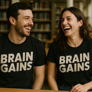 Person wearing the black studying t shirt graphic tee - "Brain Gains" design