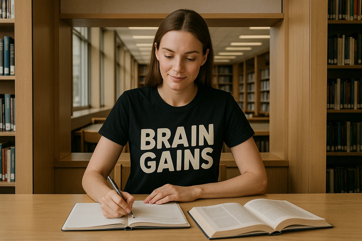 Lifestyle shot of the "Brain Gains" black studying t shirt in a real-world setting