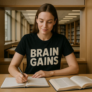 Lifestyle shot of the "Brain Gains" black studying t shirt in a real-world setting