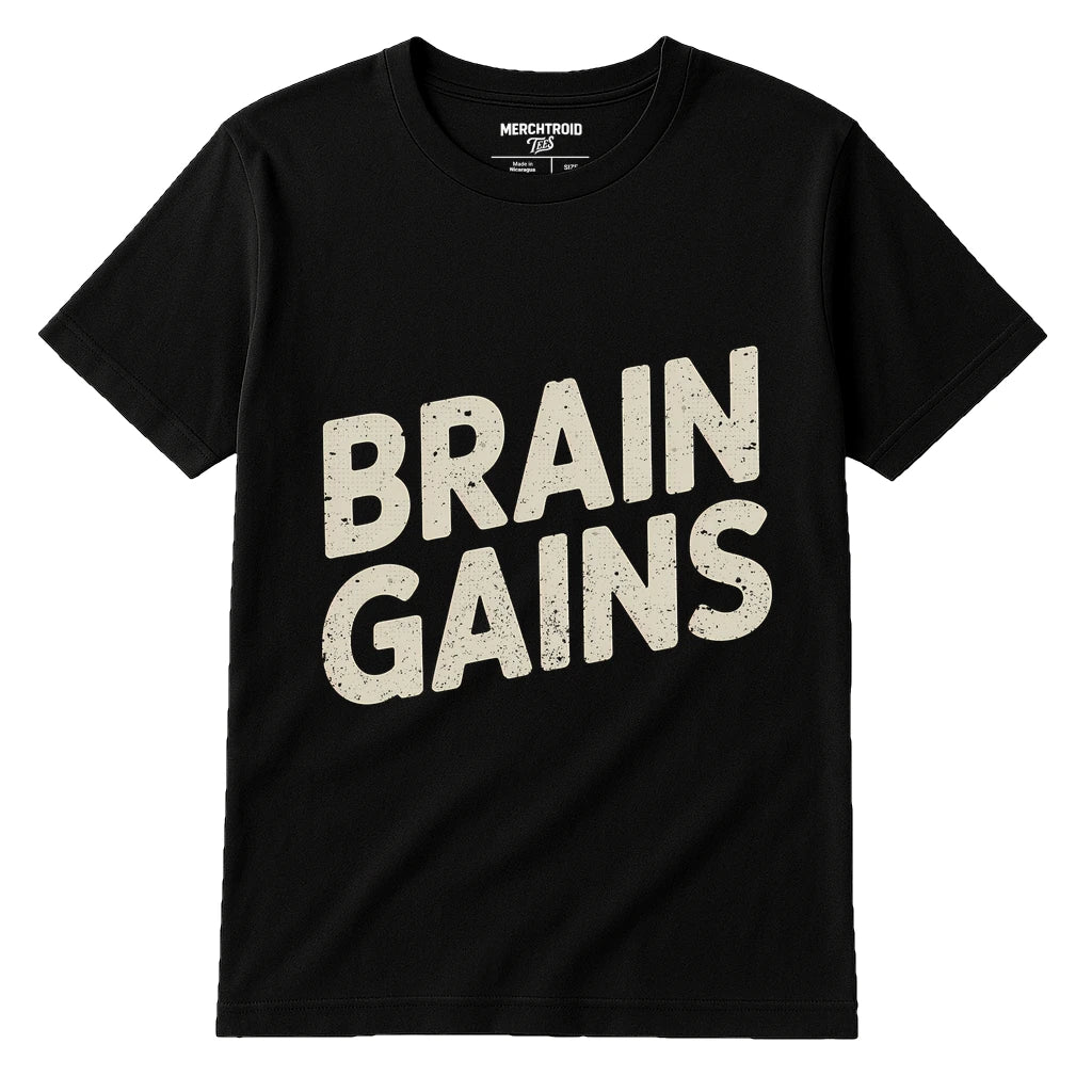 Black Studying T Shirt - "Brain Gains" graphic tee with beige print, flat lay product photo