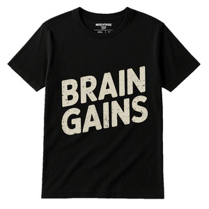 Black Studying T Shirt - "Brain Gains" graphic tee with beige print, flat lay product photo