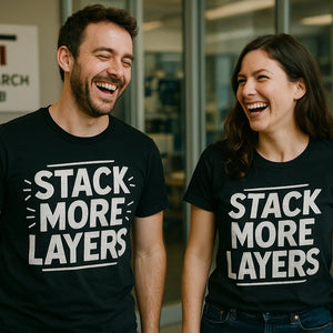 Person wearing the black artificial intelligence t shirt graphic tee - "Stack More Layers" design