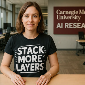 Lifestyle shot of the "Stack More Layers" black artificial intelligence t shirt in a real-world setting