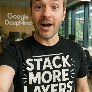 "Stack More Layers" black artificial intelligence t shirt, photographed as artificial intelligence lover gift