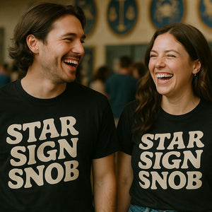 Person wearing the black astrology tee shirts graphic tee - "Star Sign Snob" design