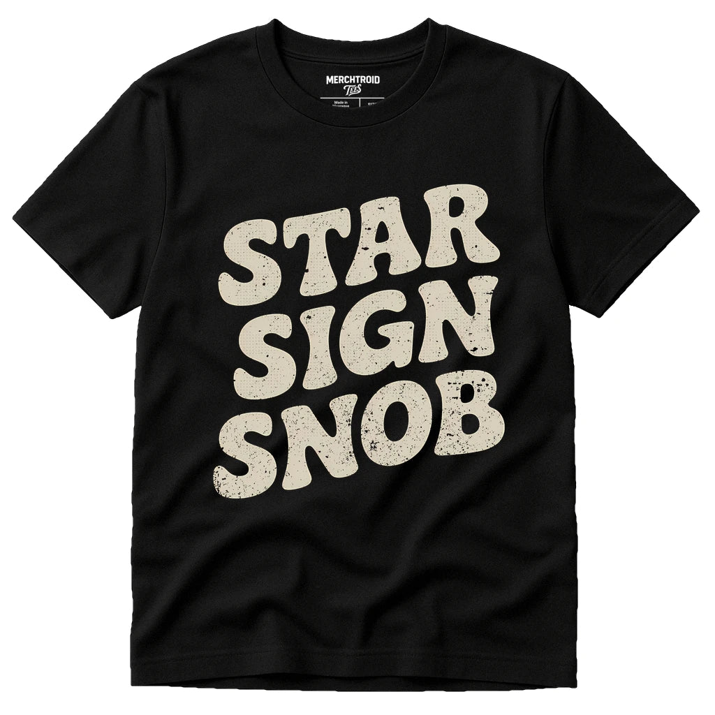 Black Astrology Tee Shirts - "Star Sign Snob" graphic tee with beige print, flat lay product photo