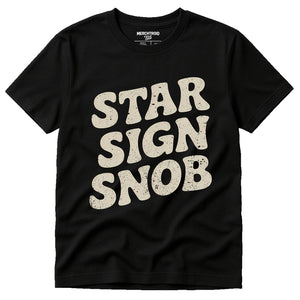 Black Astrology Tee Shirts - "Star Sign Snob" graphic tee with beige print, flat lay product photo