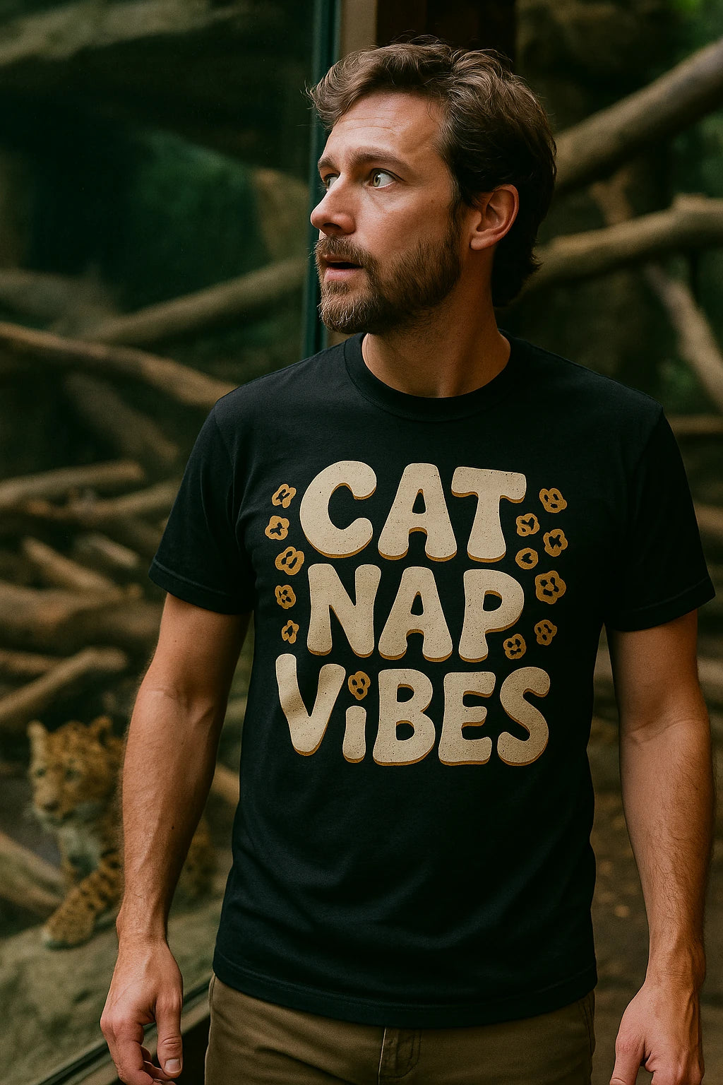 "Cat Nap Vibes" black leopard print t shirt, photographed as gifts for leopard lovers