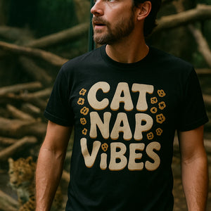 "Cat Nap Vibes" black leopard print t shirt, photographed as gifts for leopard lovers