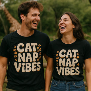 Person wearing the black leopard print t shirt graphic tee - "Cat Nap Vibes" design
