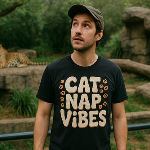 Lifestyle shot of the "Cat Nap Vibes" black leopard print t shirt in a real-world setting