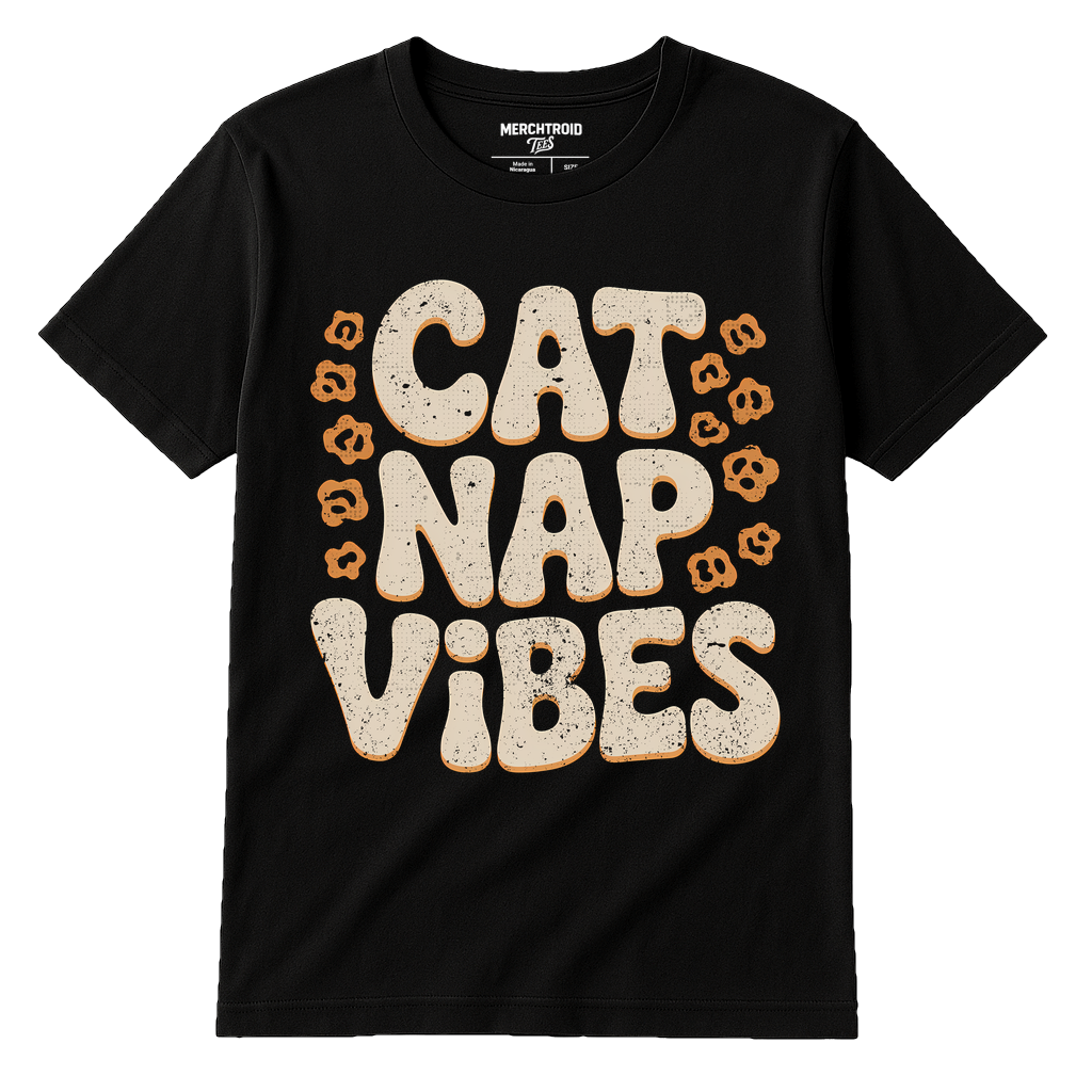Black Leopard Print T Shirt - "Cat Nap Vibes" graphic tee with beige print, flat lay product photo