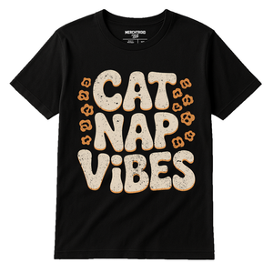 Black Leopard Print T Shirt - "Cat Nap Vibes" graphic tee with beige print, flat lay product photo