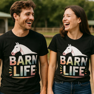 Person wearing the black horse tee shirts graphic tee - "Barn Life" design
