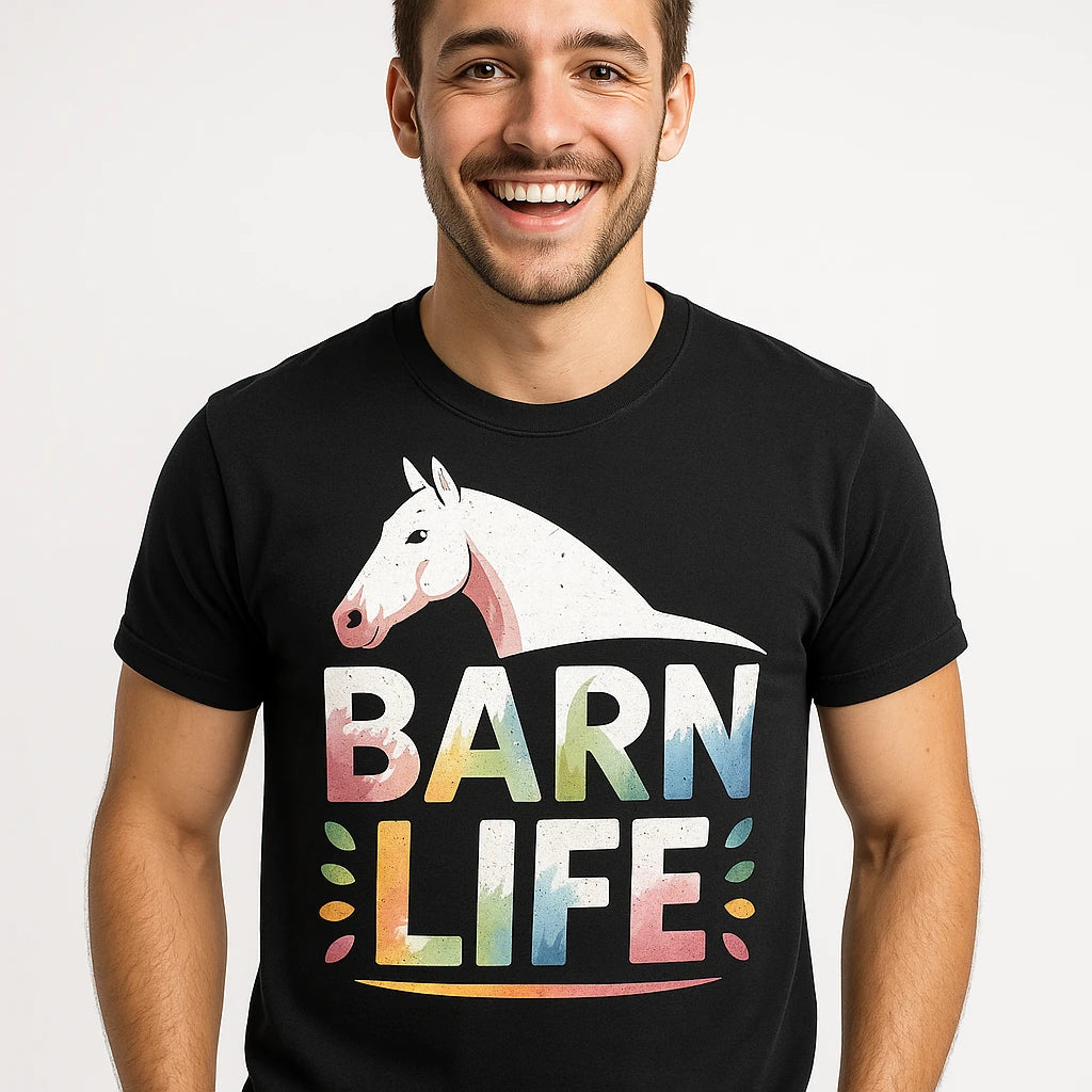 Close-up of the "Barn Life" white print on a premium Bella+Canvas black horse tee shirts