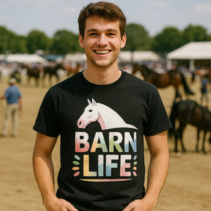Lifestyle shot of the "Barn Life" black horse tee shirts in a real-world setting