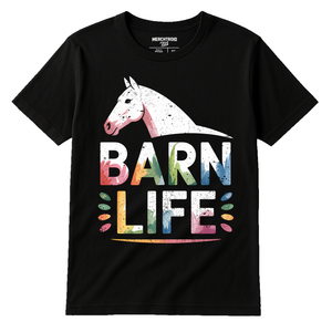 Black Horse Tee Shirts - "Barn Life" graphic tee with white print, flat lay product photo