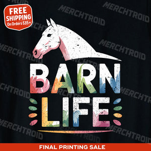 "Barn Life" black horse tee shirts, photographed as equine gifts for horse lovers