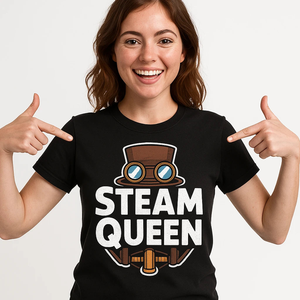 Close-up of the "Steam Queen" white print on a premium Bella+Canvas black steampunk shirts