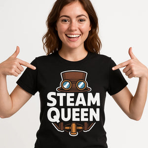 Close-up of the "Steam Queen" white print on a premium Bella+Canvas black steampunk shirts