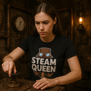 Lifestyle shot of the "Steam Queen" black steampunk shirts in a real-world setting