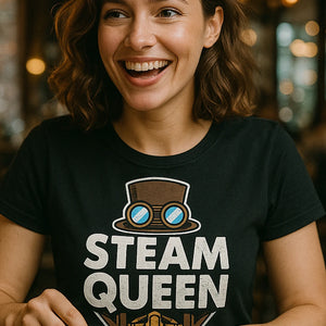 "Steam Queen" black steampunk shirts, photographed as steampunk lover gift