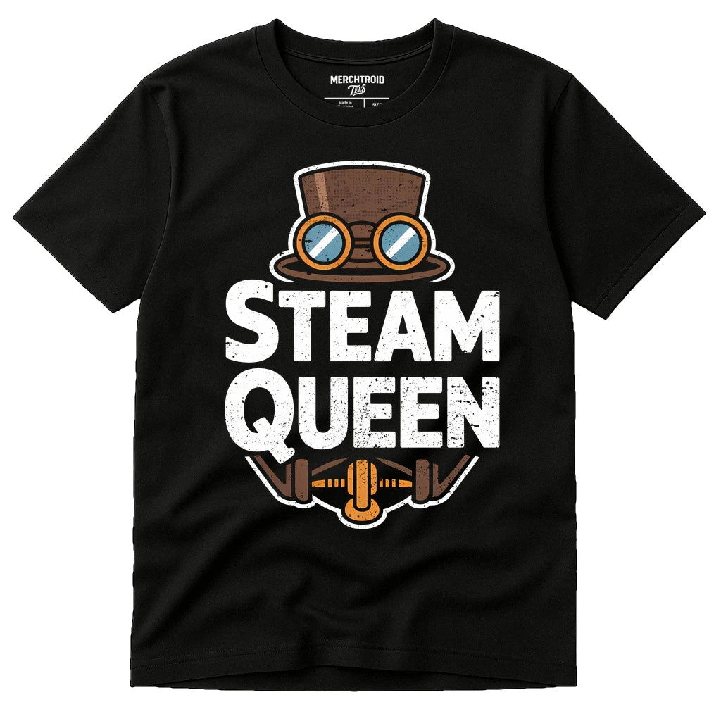 Black Steampunk Shirts - "Steam Queen" graphic tee with white print, flat lay product photo
